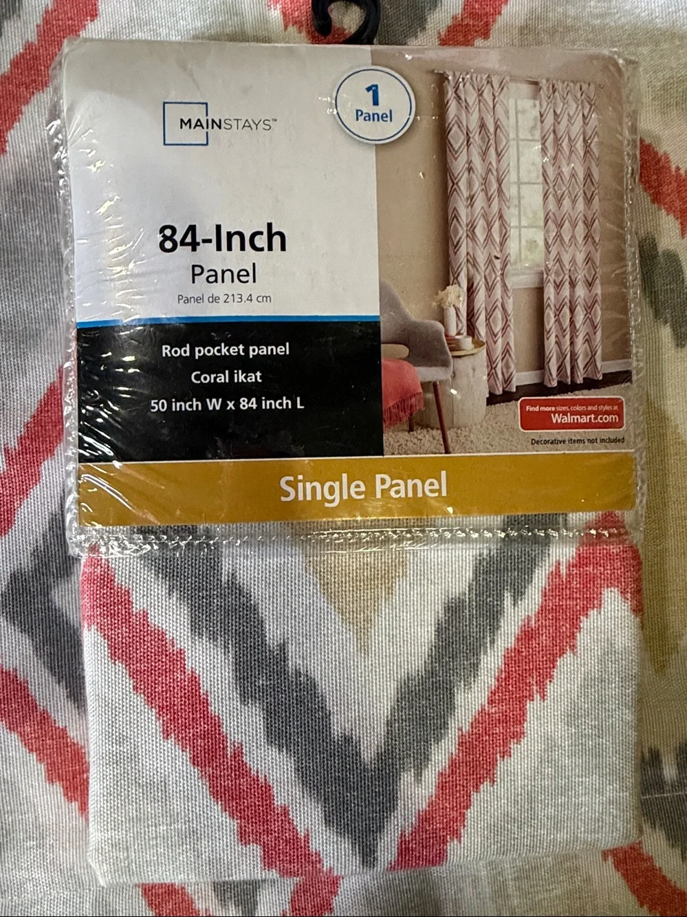 NWT Mainstays 84-Inch Coral Ikat Rod Pocket Panel - Coral, Gray, Beige on White